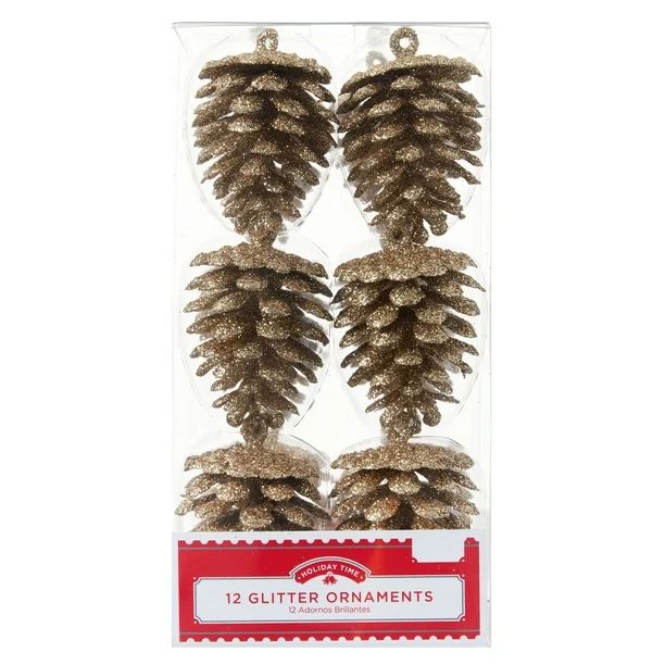 Holiday Time Gold Glitter Pinecone Christmas Ornaments, 12 Count | Walmart (US)