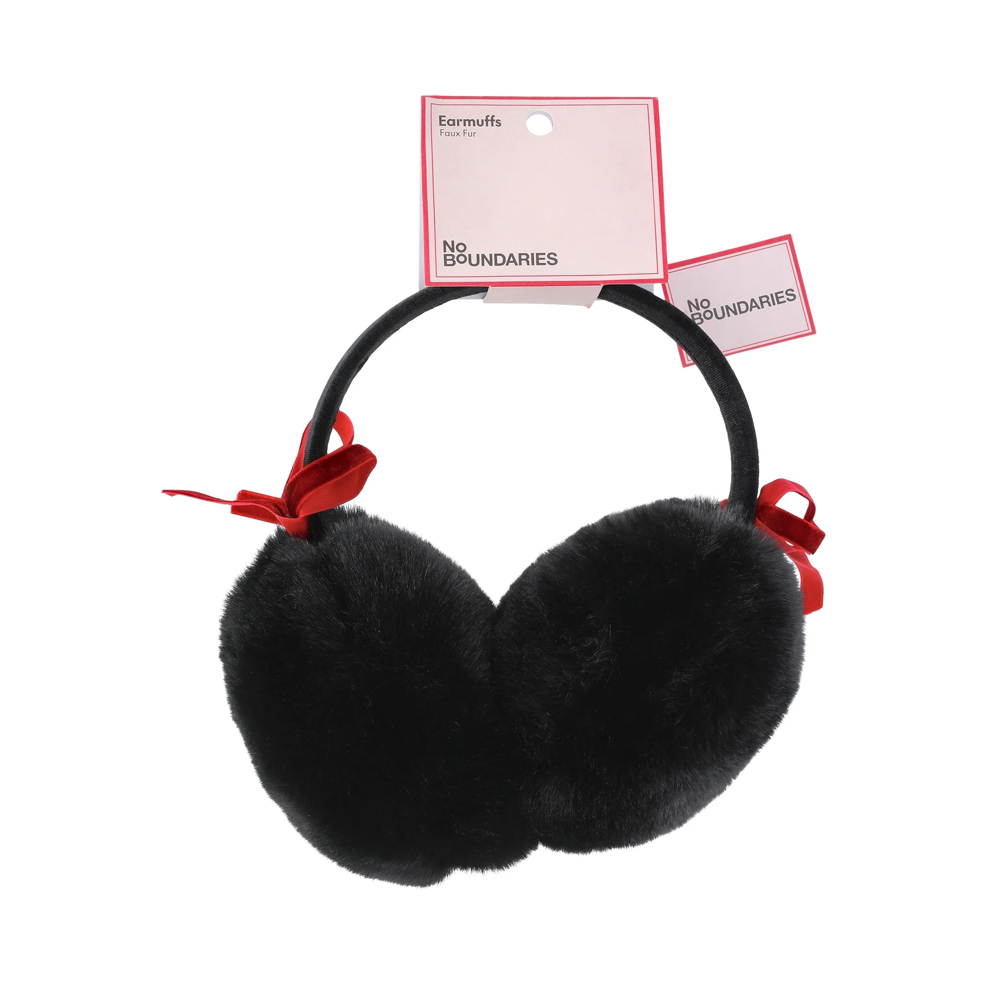 No Boundaries Faux Fur Ear Muffs with Velvet Band and Bows, Black, Women's | Walmart (US)