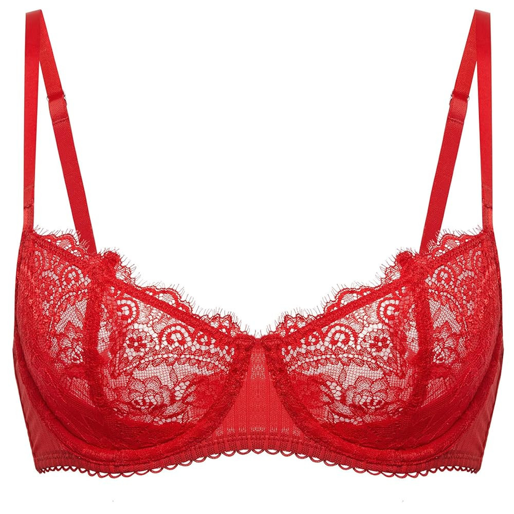 DOBREVA Women's Sexy Lace Push Up Plus Size Bra Sheer Balconette Underwire Unlined | Amazon (US)