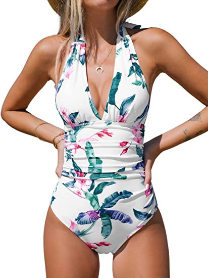 CUPSHE Women V Neck One Piece Swimsuit Halter Backless Ruched Tummy Control Bathing Suit | Amazon (US)