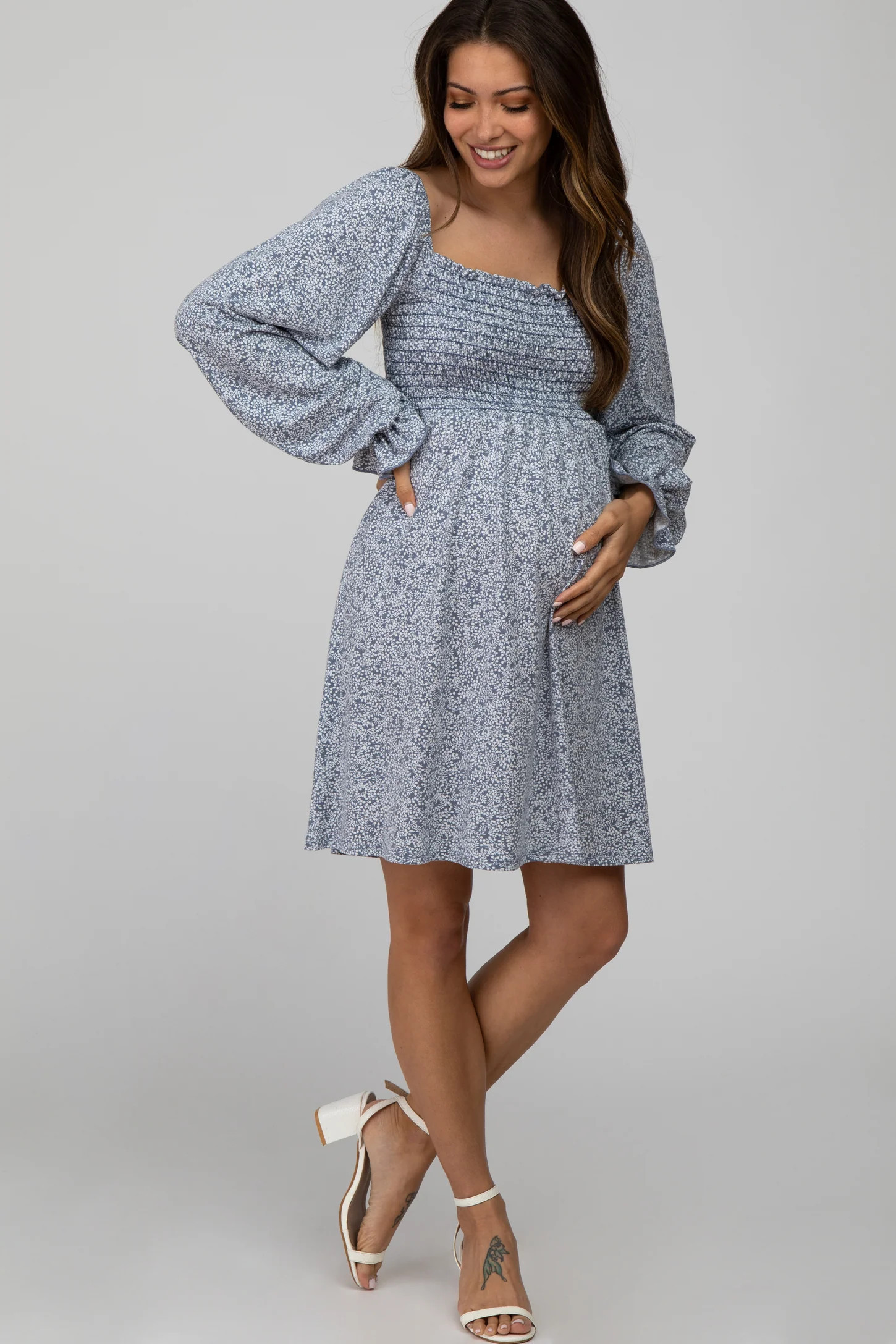 Blue Floral Smocked Long Sleeve Maternity Dress | PinkBlush Maternity