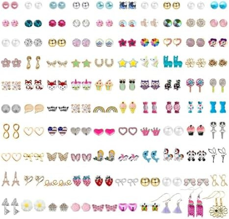 NEWITIN 100 Pairs Colorful Cute Earrings for Girls Sensitive Ears Hypoallergenic Girl Stud Earrin... | Amazon (US)