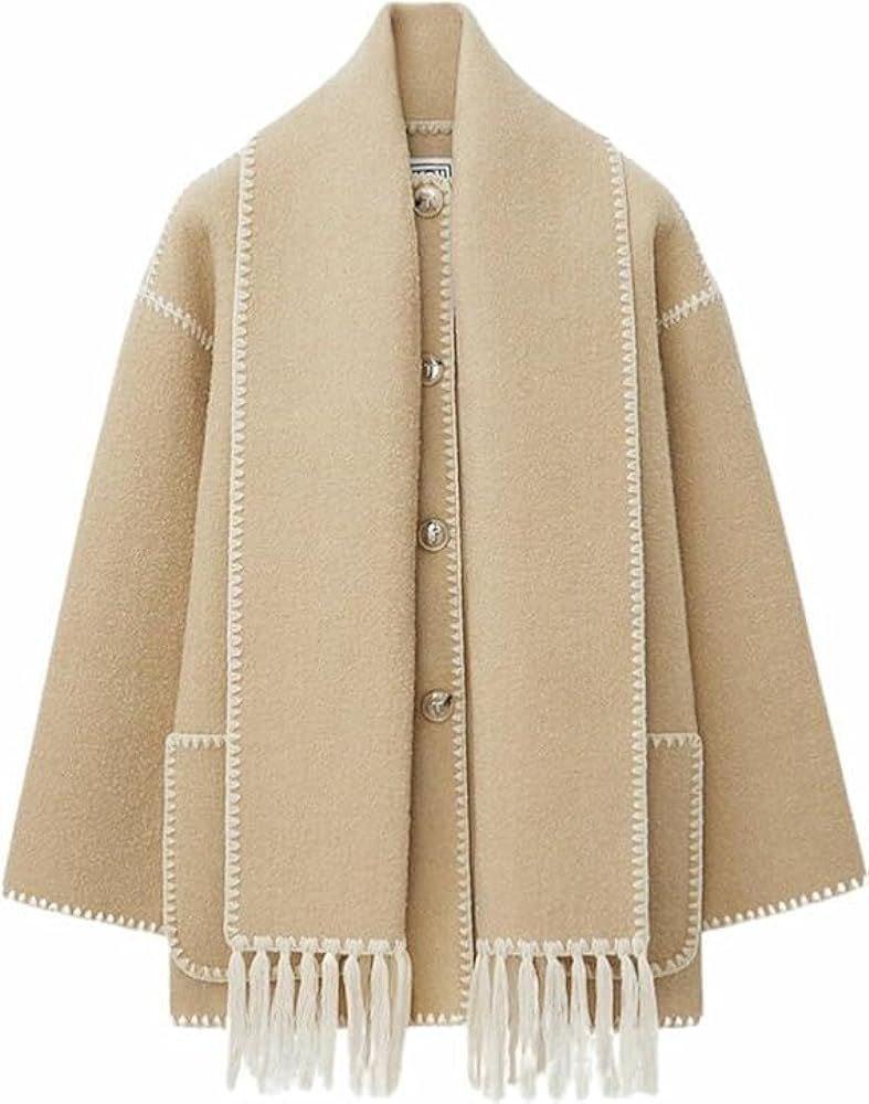 NIFTRIRY Women Coat 2023 Winter Fashion Woolen Coat with Scarf Fringe Jacket Women Trench Coat | Amazon (US)