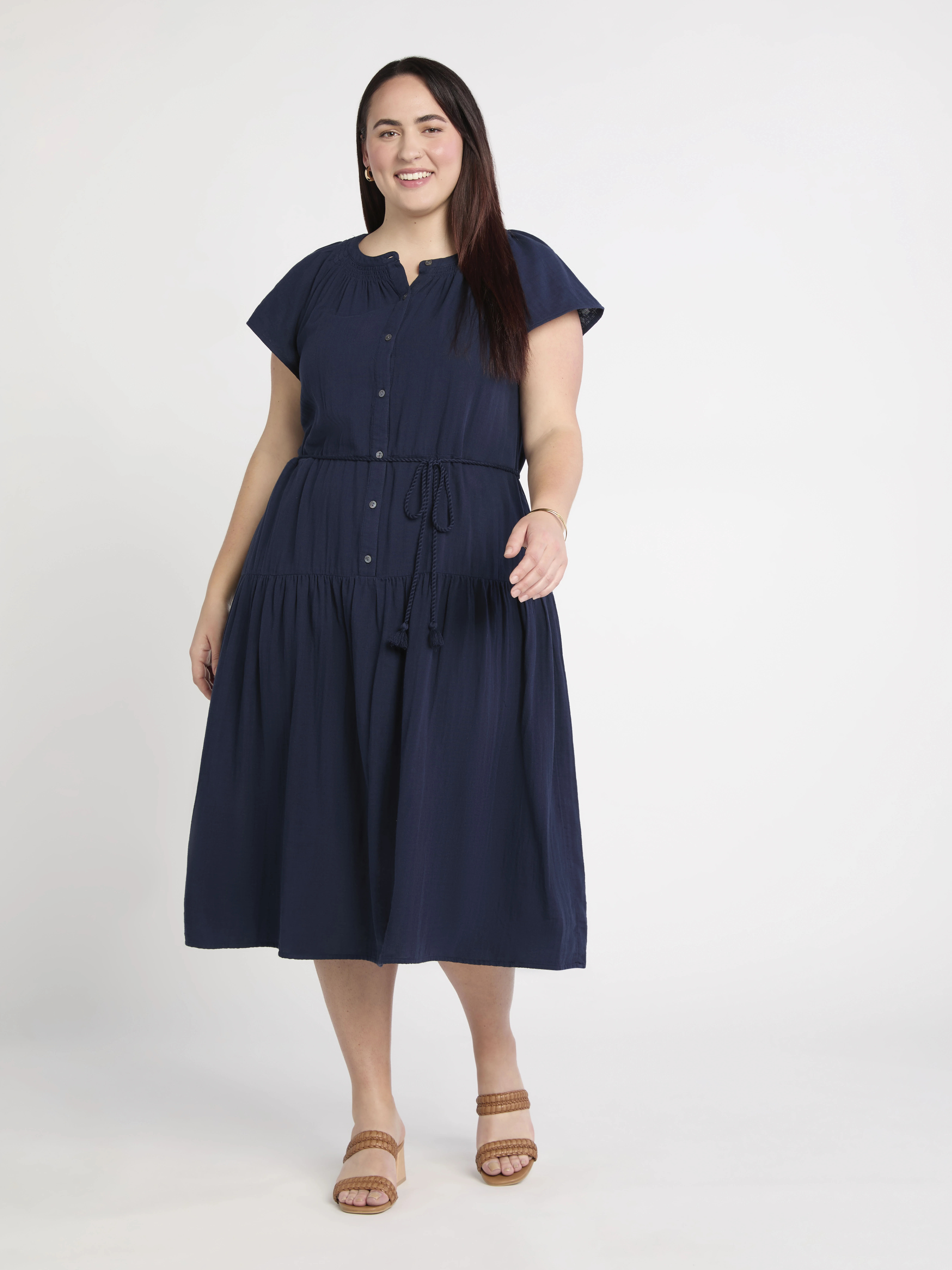 Time and Tru Women's and Women's Plus Double Cloth Cotton Midi Dress, Sizes XS-4X | Walmart (US)
