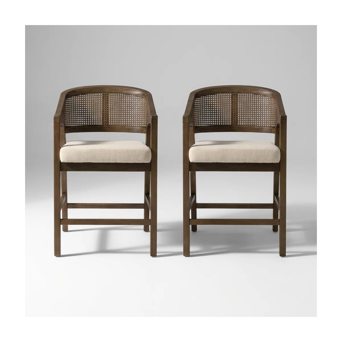 Set of 2 Counter Height Stools with Woven Rattan Backrest and Solid Wood Frame | Wayfair North America