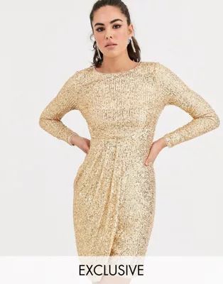 TFNC sequin midi wrap dress in gold | ASOS EE