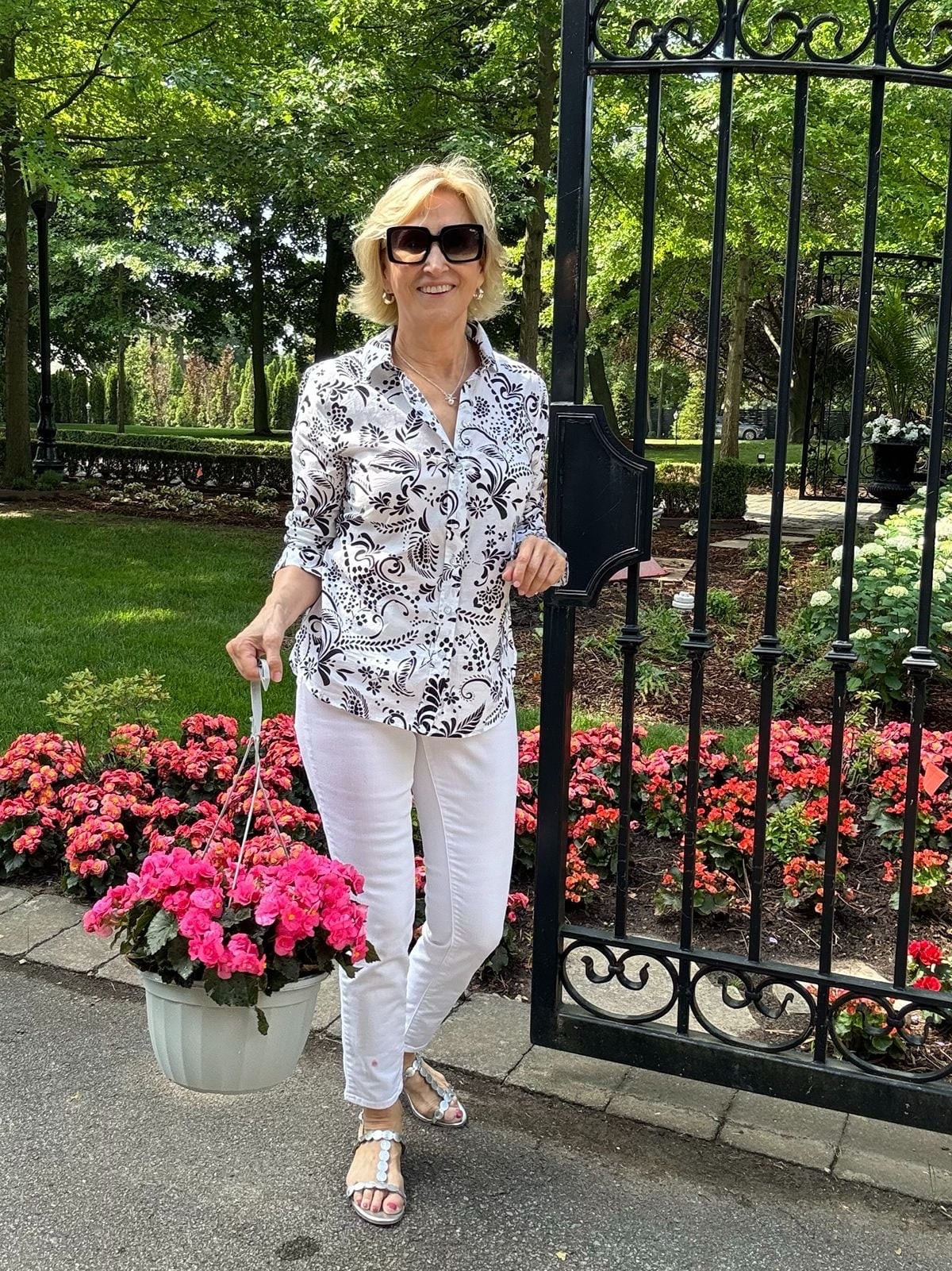 I love a black-and-white outfit, especially when it feels this fresh and easy! 🤍🖤 This 3/4-sleeve patterned shirt paired with white cropped jeans and silver sandals is such a simple, polished combination for summer. The silver sandals add just the right little touch of sparkle, too! ✨

Easy, comfortable and still feels put together — exactly how I like to dress. Everything is from Talbots.

#LTKOver40 #LTKSeasonal #LTKootd