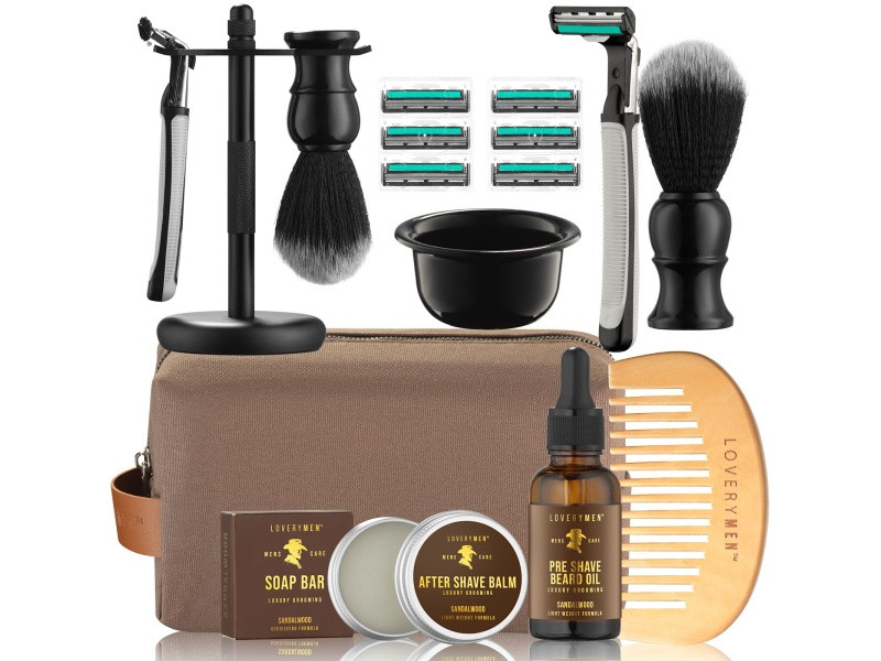LoveryMEN Ultimate Beard Shaving Kit wrapped in a Luxury Brown Cosmetic Bag | JTV Jewelry