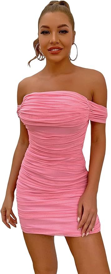 WDIRARA Women's Off Shoulder Ruched Mesh Dress Sleeveless Draped Mini Bodycon Party Cocktail Dres... | Amazon (US)