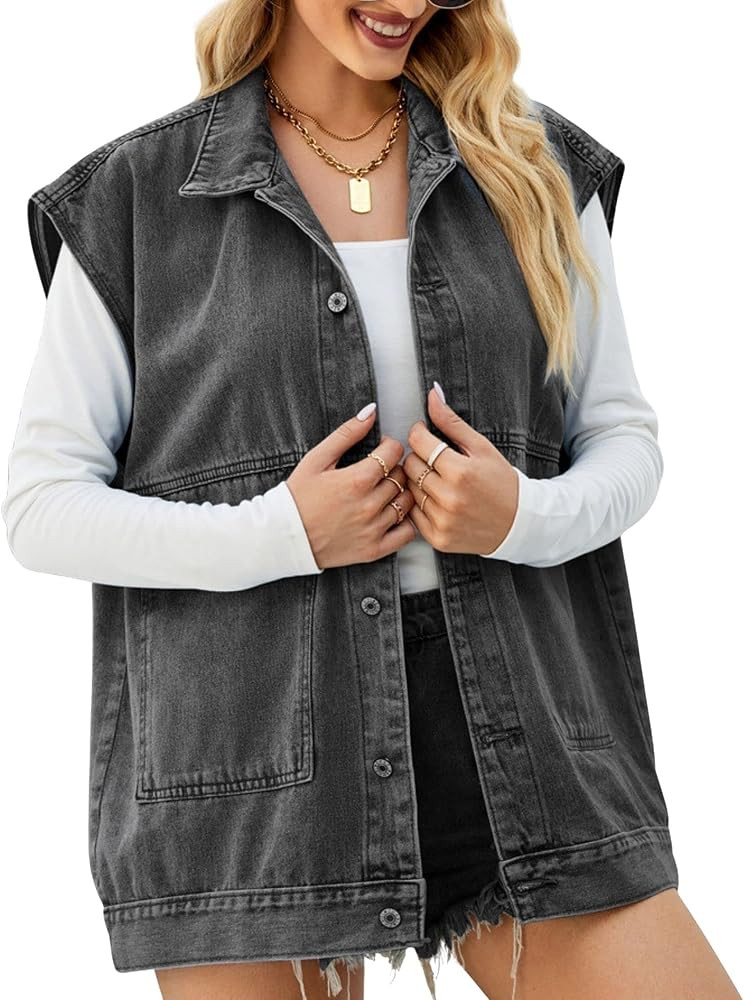 FindThy Women’s Vintage Denim Jean Vest Oversized Button Down Jean Waistcoat Gilet | Amazon (US)