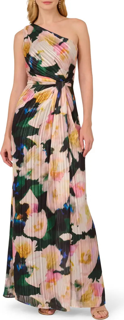Pleated Floral One-Shoulder Chiffon Gown | Nordstrom