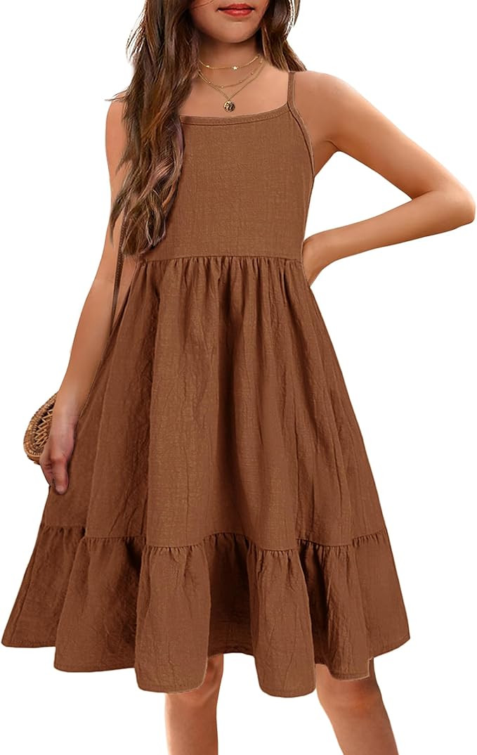 Arshiner Girl's Summer Sundress Spaghetti Strap Solid Linen Midi Dress Casual Cami Dresses | Amazon (US)