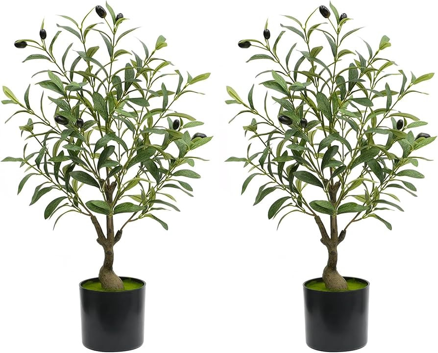 2PCS Artificial Olive Tree – 2FT Faux Potted Tree with Natural Trunk, Realistic Leaves & Fruits... | Amazon (CA)