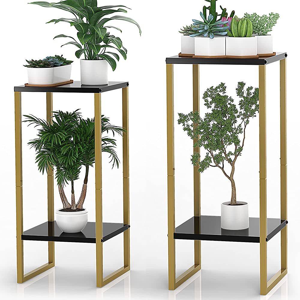Moforoco 2Pack Tall Plant Stand Indoor, Metal Pedestal Planter Shelf Outdoor, Large Black Gold Fl... | Amazon (US)