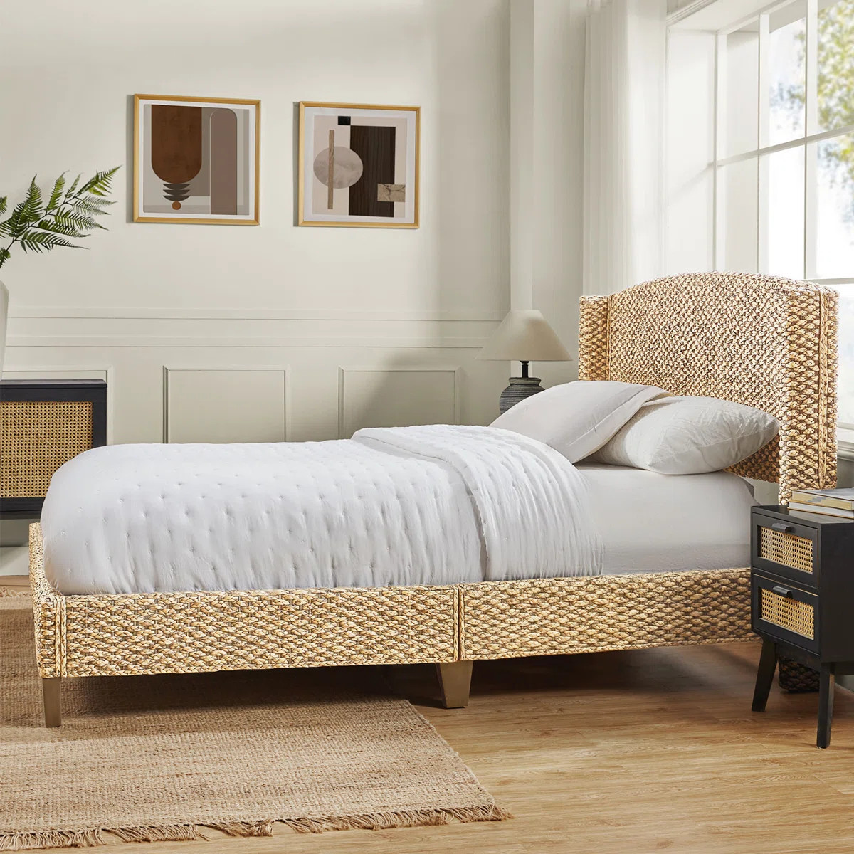 Boatwright 48.5'' H Rattan Farmhouse Wooden Wingback Bed with Solid Wood Frame | Wayfair North America