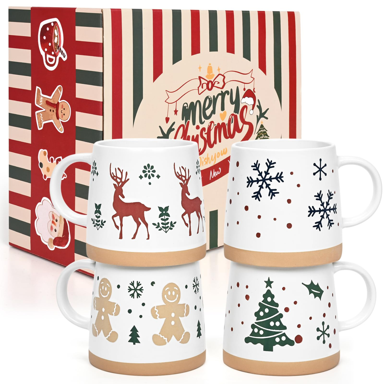 Maustic Christmas Mugs Set of 4, Holiday Coffee Mugs with Festive Christmas Themed Design, Hot Ch... | Amazon (US)