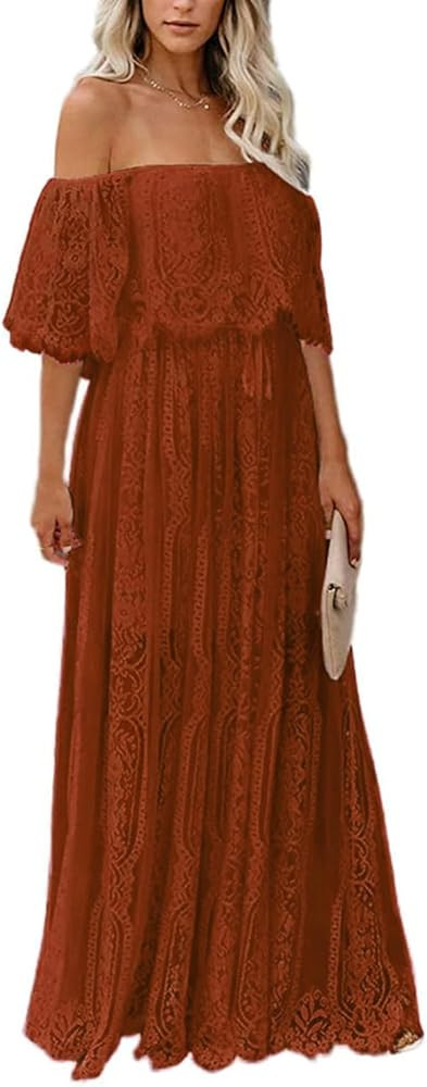 Cercis Womens Off The Shoulder Floral Lace Maxi Wedding Dress Boho Flowy Wedding Guest Formal Lon... | Amazon (US)
