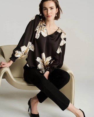Women's Ruffle Cuff Satin Blouse in Spotted Lily Black size Medium | White House Black Market, What To Wear To Work | White House Black Market