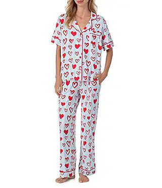 Room Service Short Sleeve Notch Collar Cozy Jersey Knit Heart Striped Print Long Pajama Set - S | Dillard's