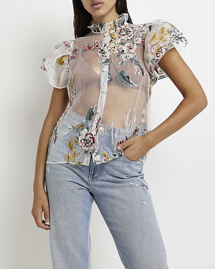 White organza floral puff sleeve blouse | River Island (UK & IE)