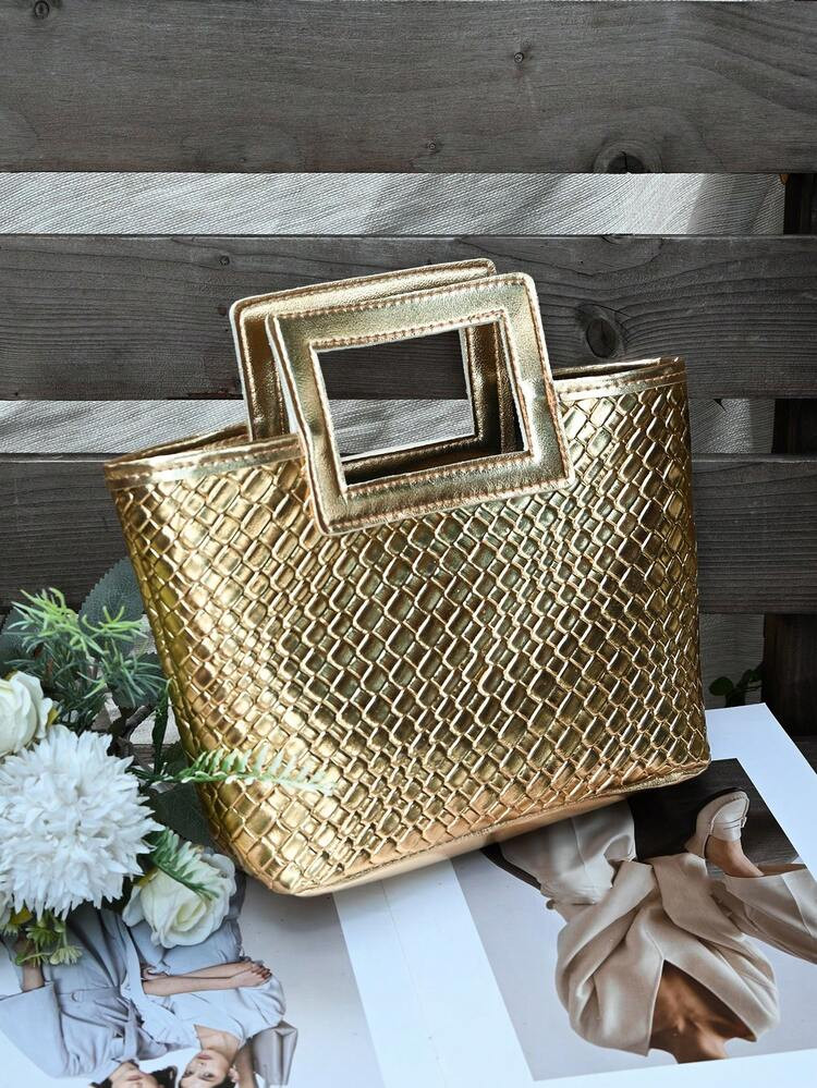 New European Style Woven Bag, Travel Bag, Fashion Portable Storage Bag, Evening Bag, Gold Woven Handbag, Mini Handbag, Essential For Evenings, Weddings & Parties, Best Match, Perfect For Women, Girls, Students, Travel, Vacation, Beach, Holiday, Gift, Festival, Party. , Gold Bag , Valentines Gifts, Vacation, Woven Bag | SHEIN