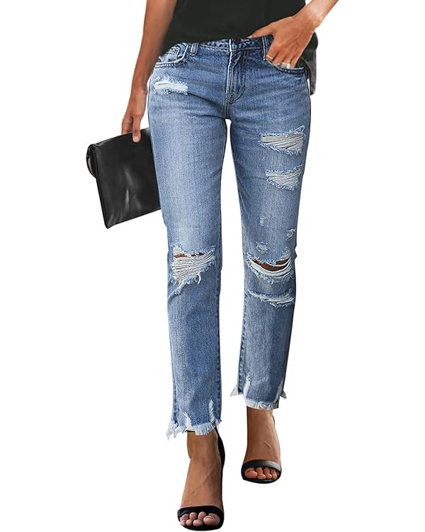KUNMI Women's Ripped Boyfriend Slim Fit Jeans Frayed Distressed Stretchy Denim Pants | Amazon (US)
