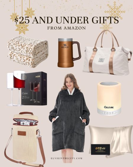 $25 and under gifts from Amazon include a cozy blanket, set of wine glasses, insulated cooler, Stanley mug, oversized hooded blanket, travel/gym bag, Bluetooth speaker and nightlight, and a silk pillowcase. 

Gifts for him, gifts for her, gift guide, gifts under 25

#LTKfindsunder50 #LTKHoliday #LTKGiftGuide