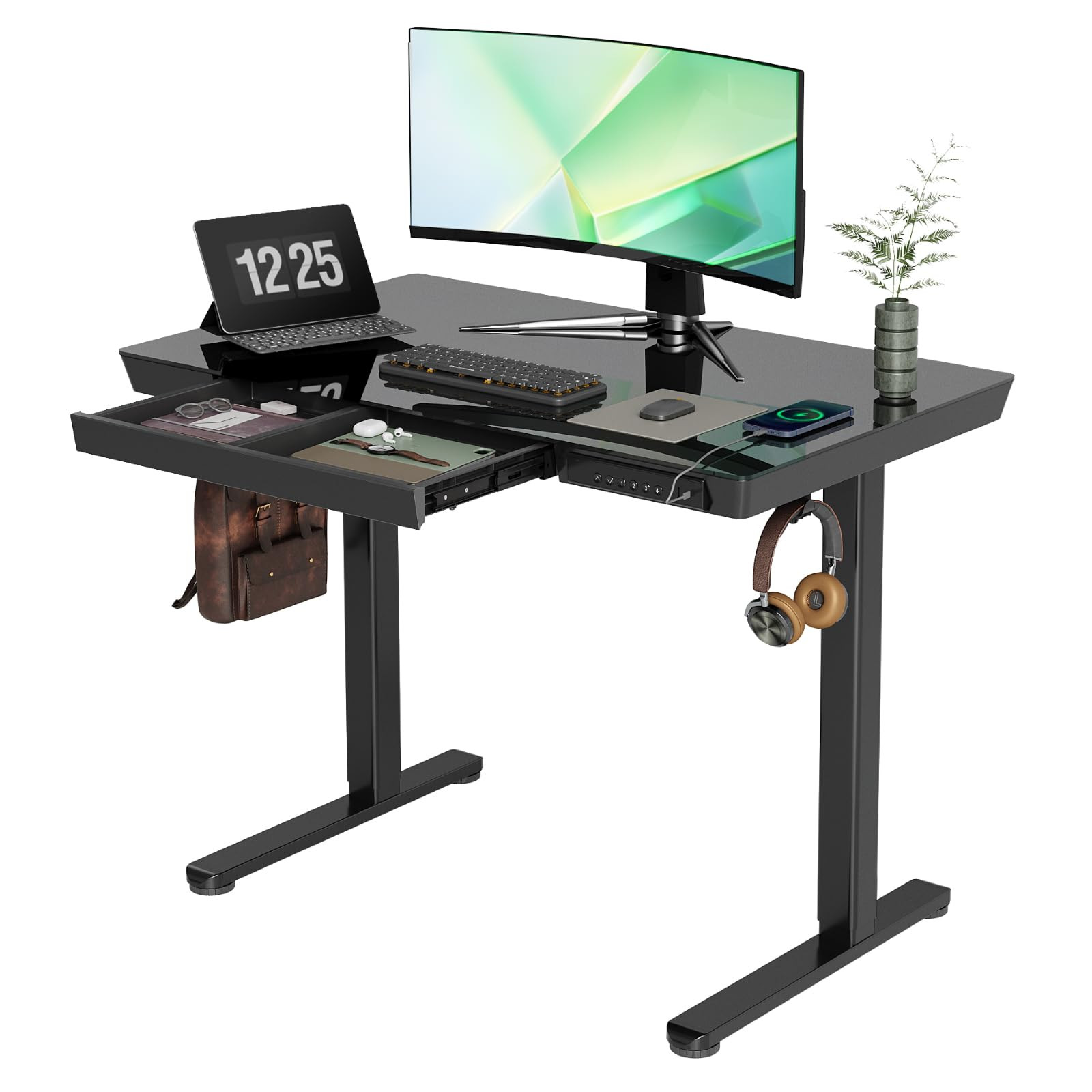 Glass Standing Desk with Drawers, 40 Inch Adjustable Stand Up Desk, Quick Install Home Office Com... | Amazon (US)
