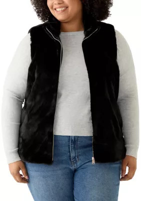 Crown & Ivy Women's Plus Size Faux Fur Vest, Black, 1X | Belk