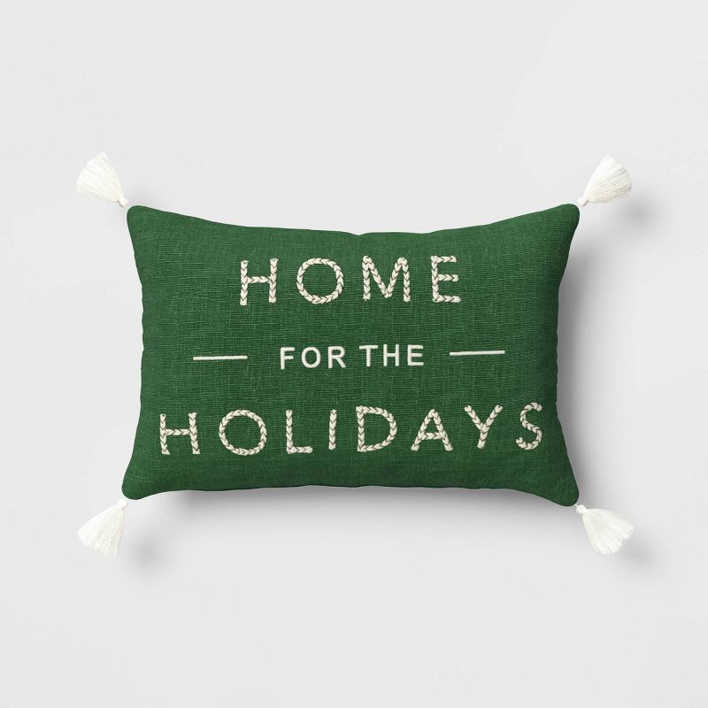 Embroidered &#39;Home for the Holidays&#39; Lumbar Christmas Throw Pillow Green - Threshold&#8482... | Target