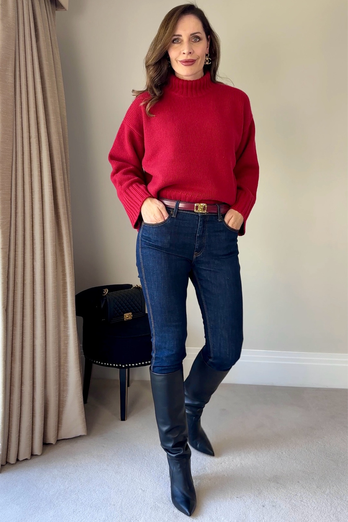 Classic casual look with dark slim jeans, knit top, very cosy red cashmere jumper and high heel boots #redjumper #cashmerejumper #highheelboots

#LTKWorkwear #LTKSeasonal #LTKShoeCrush