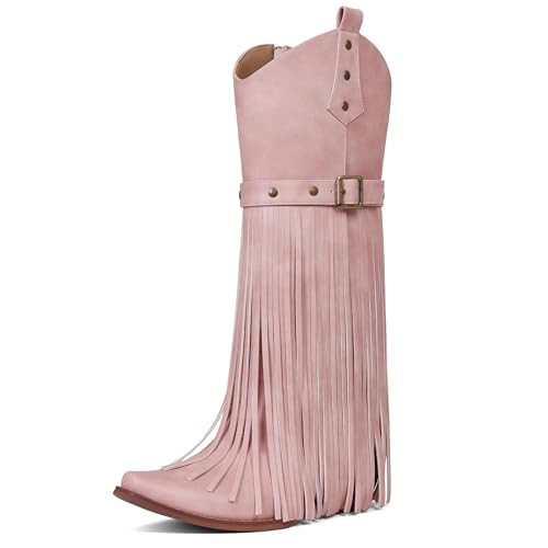 Grakihily Fringe Cowgirl Boots for Women Retro Square Toe Side Zipper Block Chunky Heel Tassel Country Concert Outfits Mid Calf Western Cowboy Boots,Pink Size 9.5 | Amazon (US)