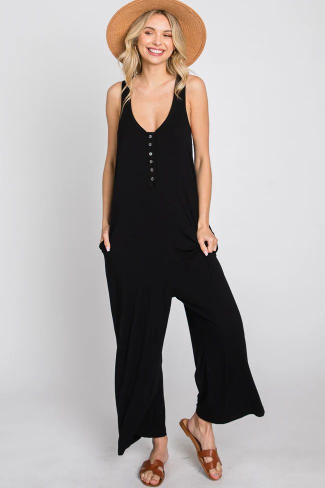 Black Sleeveless Button Front Cropped Jumpsuit | PinkBlush Maternity