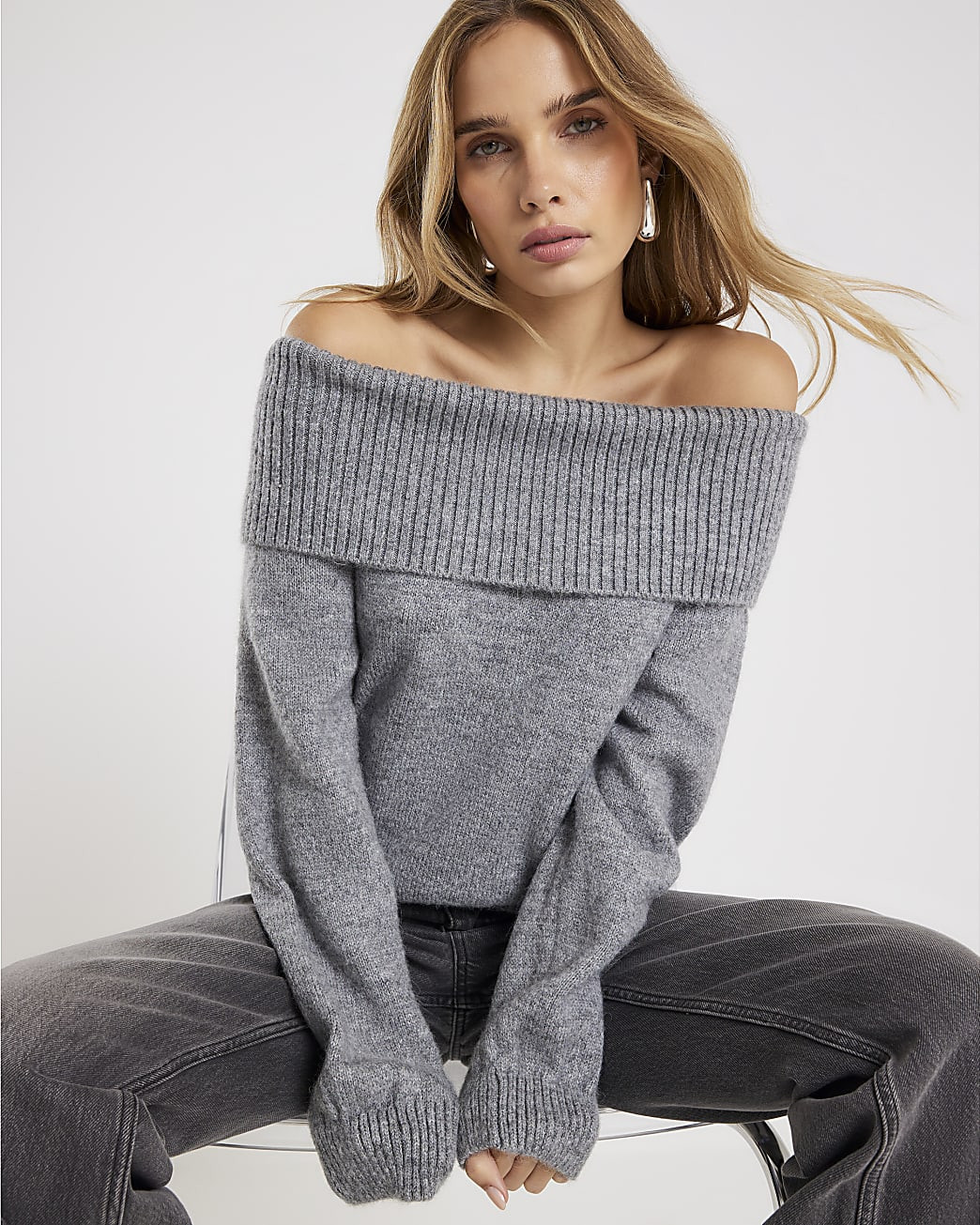 Grey Long Sleeve Bardot Jumper | River Island UK & IE