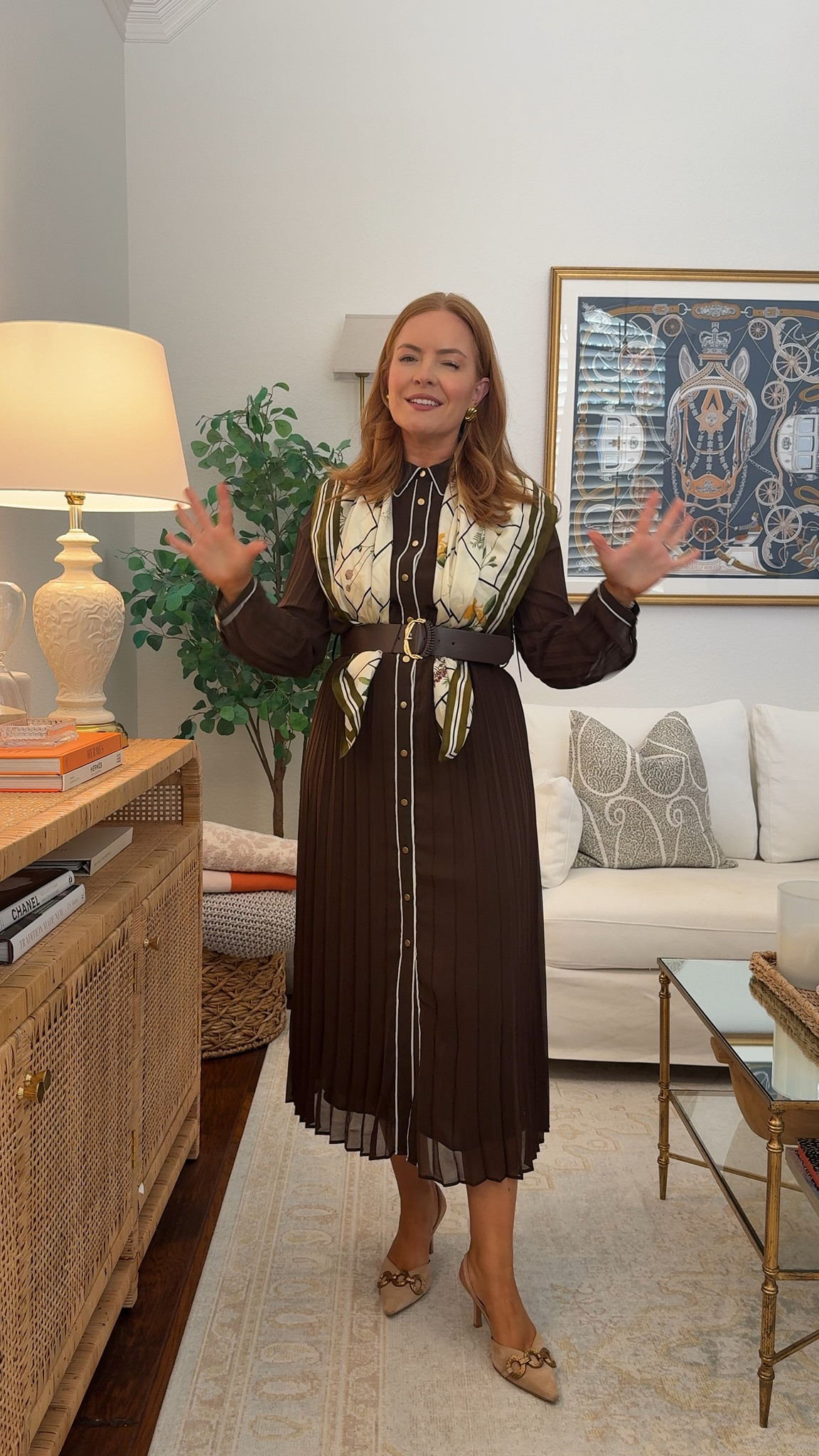 Wearing size 6 in the dress
@macys fall work dress that does all the work for you: a pleated midi with long sleeves and the prettiest patterned yoke. One piece, add heels, done — my favorite kind of office outfit for busy mornings when I can't think about getting dressed.