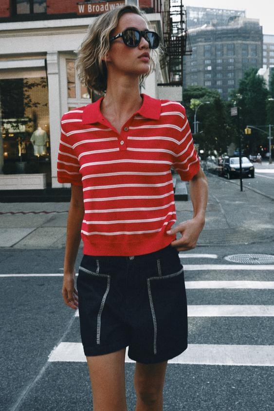 Zara - Striped Short Sleeve Knit Polo Top - Red - Xl - Woman | Zara Canada