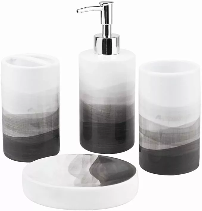 Motifeur Bathroom Accessories Set, 5-Piece Ceramic Bath Accessory Black,  Gold