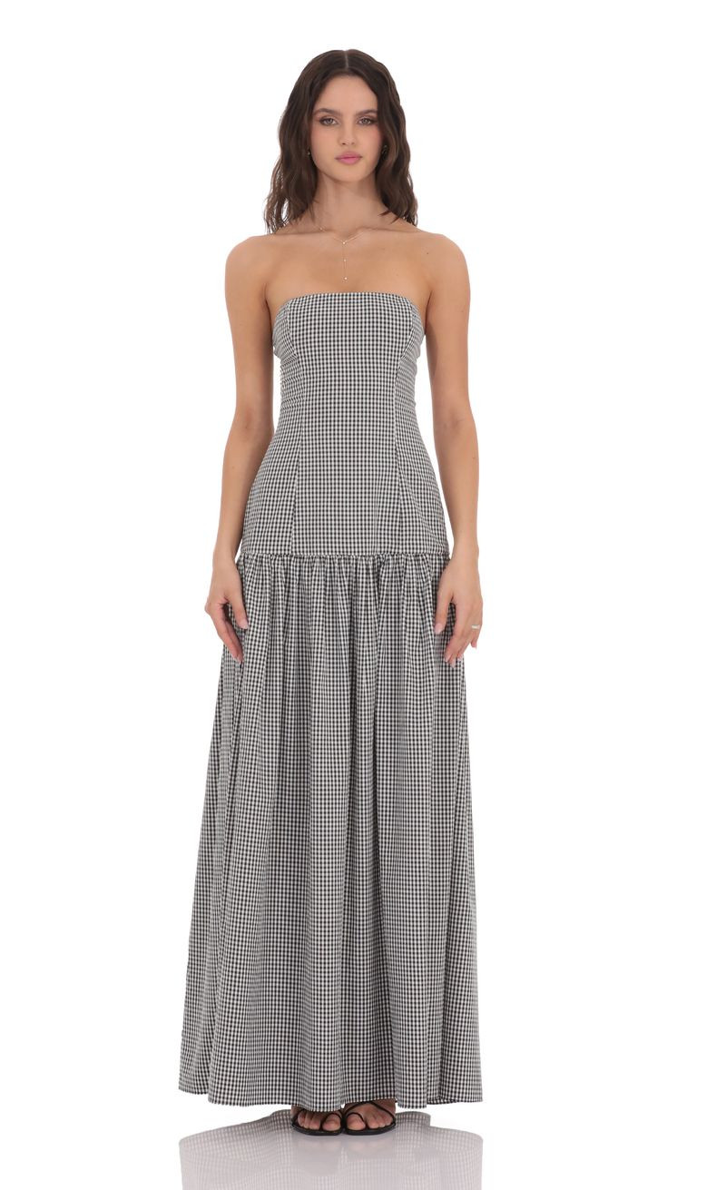 Gingham Strapless Drop Waist Maxi Dress in Black | Lucy in the Sky