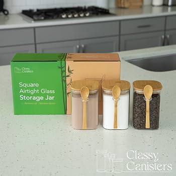 Set of 3 Square Glass Food Storage Containers With Bamboo Lids & Spoons – Decorative Airtight 4... | Amazon (US)