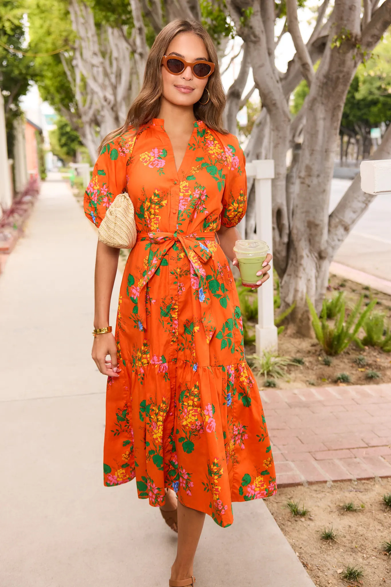 Anita Orange Floral Print Midi Dress | Avara
