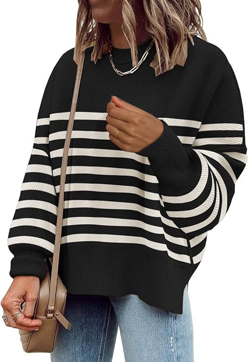 Womens Causal Crewneck Batwing Sleeve Knit Top Side Split Oversized Pullover Sweater Loose Jumper | Amazon (US)