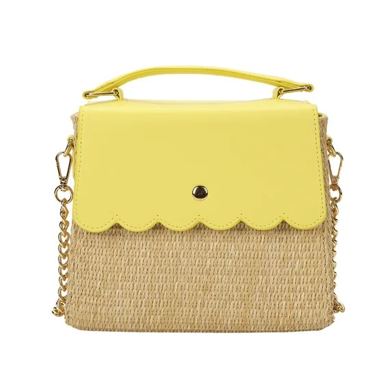 Packed Party Women's Woven Straw Crossbody Bag with Faux Leather Scallop and Chain Strap, Yellow | Walmart (US)