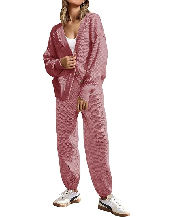 SAUKOLE Womens Two Piece Outfits Knit Sweater Sets Oversized Button Down Cardigan and Long Pants ... | Amazon (US)