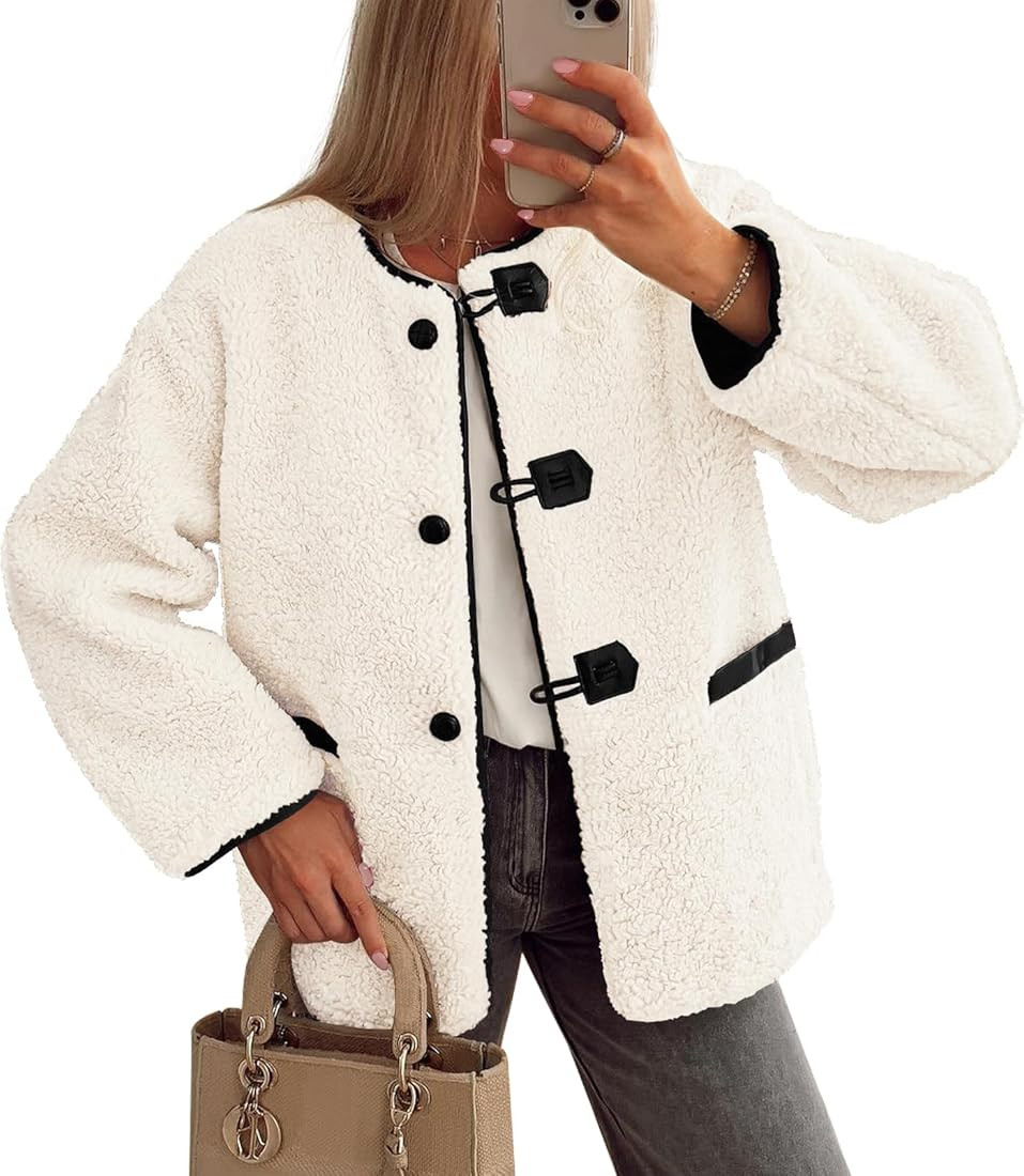MEROKEETY Women's Sherpa Fleece Jacket Long Sleeve Faux Fuzzy Button Warm Winter Coat Outwear wit... | Amazon (US)