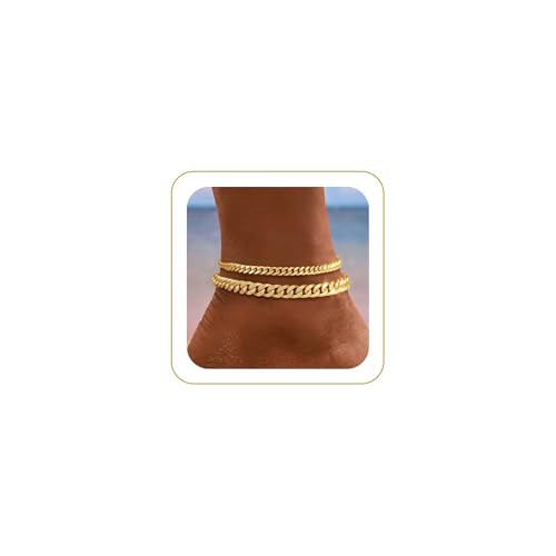 Gold Ankle Bracelets for Women Waterproof - Dainty Gold Anklets Trendy Layered 14K Gold Plated Stackable Chunky Cuban Link Chian Anklet Bracelet Set for Women Non Tarnish Jewelry Gift for Mom | Amazon (US)