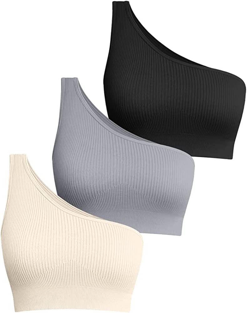 OQQ Women's 3 Piece Medium Support Crop Top One Shoulder Ribbed Seamless Removable Cups Workout E... | Amazon (US)