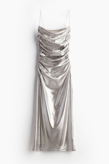 Ruched silver midi dress 

#LTKstyletip #LTKfindsunder50 #LTKSeasonal