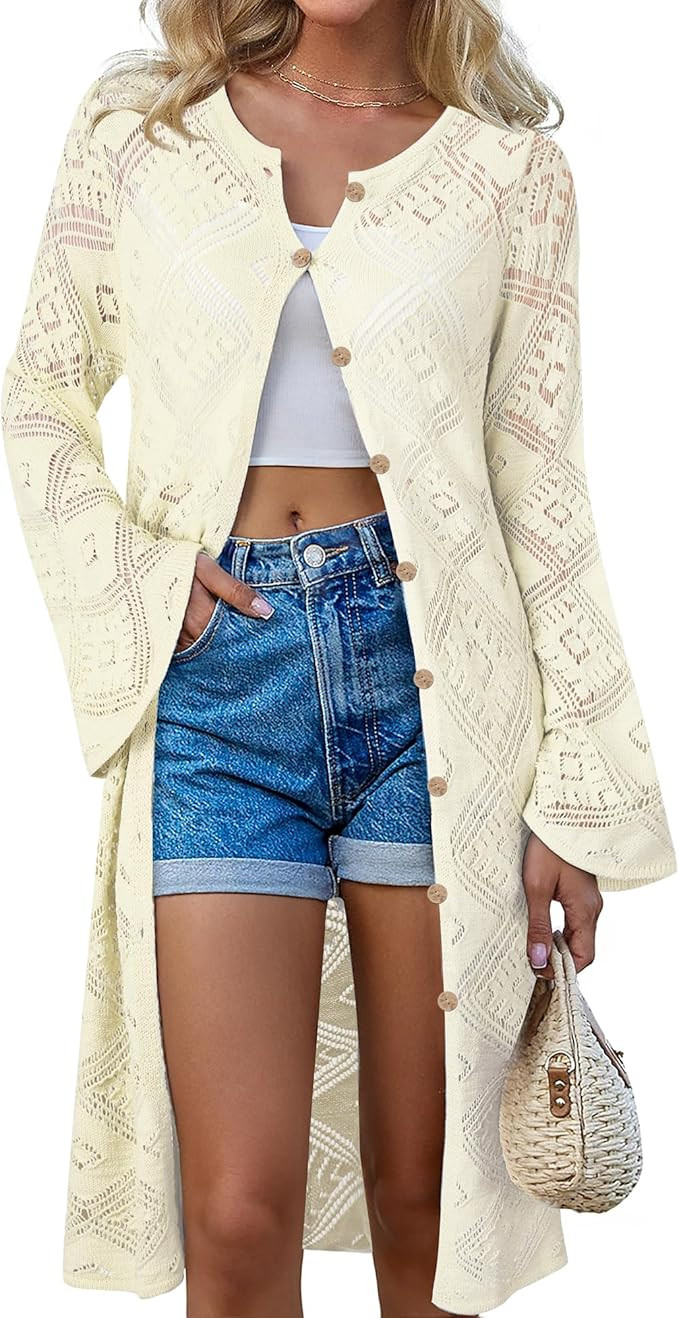 Women's Summer Lightweight Open Front Long Cardigans Crochet Knit Bell Sleeve Button Hollow Out B... | Amazon (US)