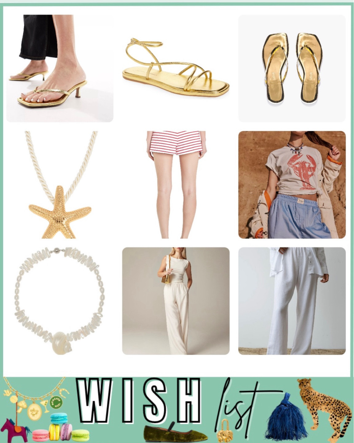 Wish list - gold sandals, starfish necklace, lobster tee, linen pants, satin pants, stripe red shorts, pearl necklaces 



#LTKFindsUnder100 #LTKSeasonal #LTKStyleTip