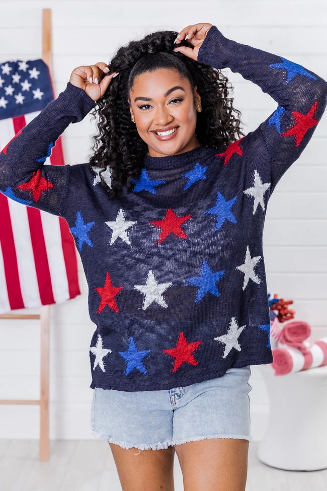 Bright Stars Navy Multi Star Print Lightweight Sweater | Pink Lily